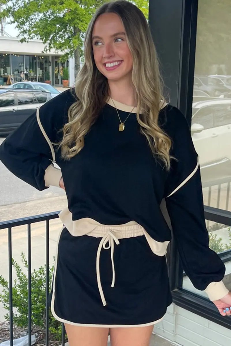 Black Color Contrast Loose Pullover and Lace-up Waist Skort Set - Love Salve